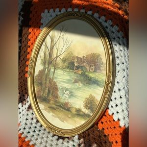Vintage 1970’s Homco Print of Cottage Scene in Gold Oval Frame